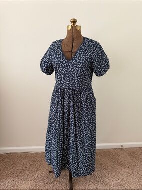 J. Crew Factory Navy and White Floral V-Neck Puff Sleeve Midi Dress